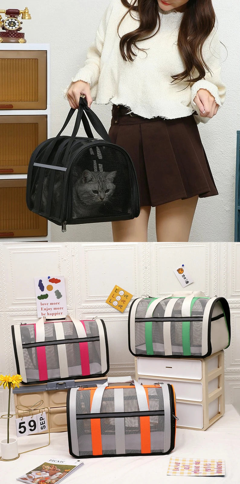 Foldable Pet Carrying Bag – Portable Mesh Handbag for Small to Medium Dogs & Cats
