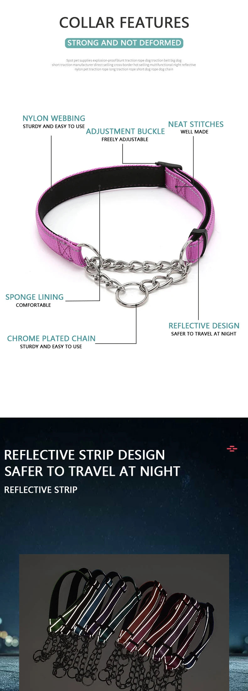 Reflective Martingale Dog Collar with Stainless Steel Chain – No Pull Training Collar for Small, Medium & Large Dogs