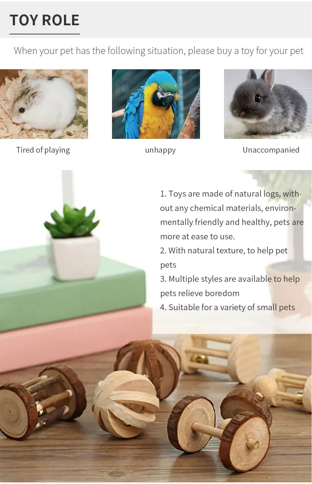 Wooden Rabbit Roller Toy – Natural Chew Dumbbell with Bell for Small Pets