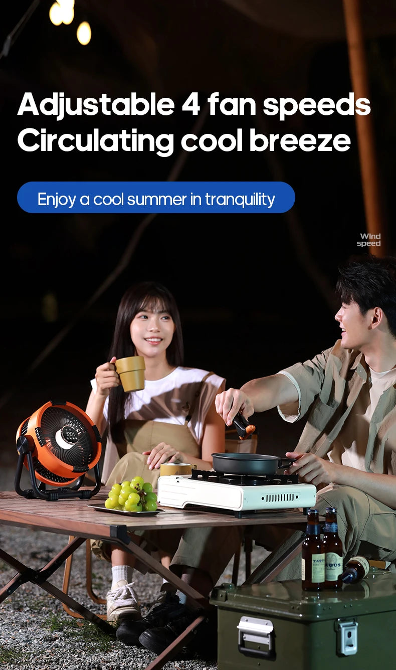 6-in-1 Outdoor Camping Fan – 20000mAh Rechargeable Ceiling & Desktop Fan with LED Light, Hook & Wireless Operation