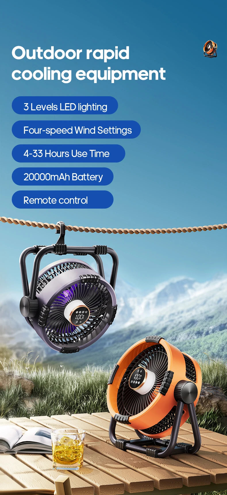 6-in-1 Outdoor Camping Fan – 20000mAh Rechargeable Ceiling & Desktop Fan with LED Light, Hook & Wireless Operation