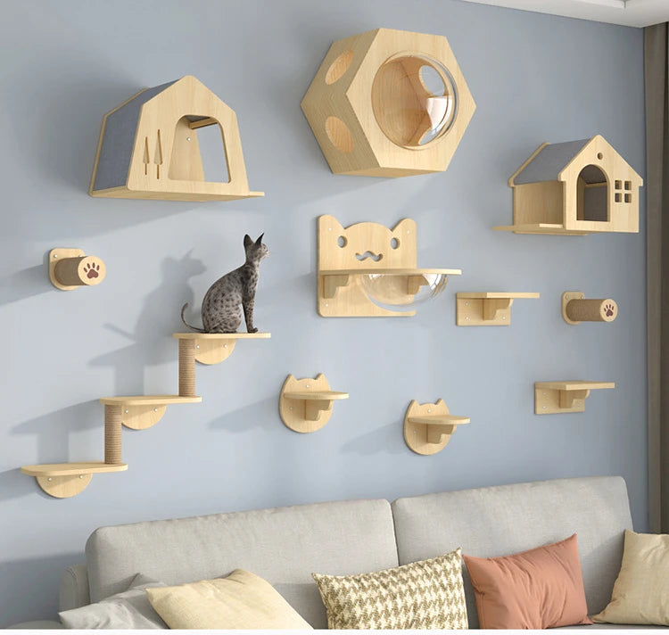 🐾 Wooden Wall Climbing Set for Cats – DIY Modular Cat Tower & Training System