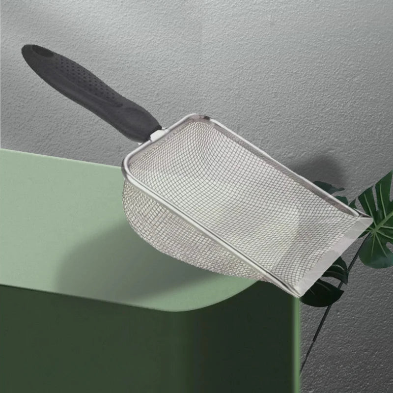 Stainless Steel Cat Litter Scoop with Rubber Handle – Durable Metal Kitty Scooper with Sturdy Mesh Filter for Easy Litter Cleaning