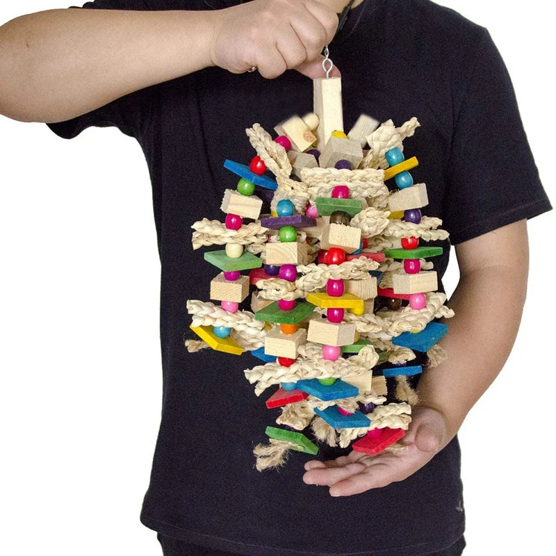 Large Parrot Chewing Toy – Bird Cage Bite Toy for African Grey, Macaws, Cockatoos | Colorful Wooden Blocks with Knots