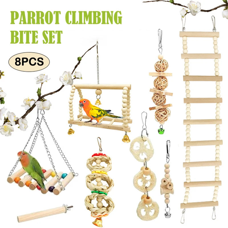 8Pcs Parrot Bird Toys Set – Natural Wood Swing, Perch, and Climbing Toys for Training and Enrichment
