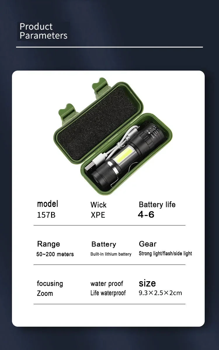🔦 USB Rechargeable Mini Flashlight – COB+XPE Zoomable Torch with 3 Modes