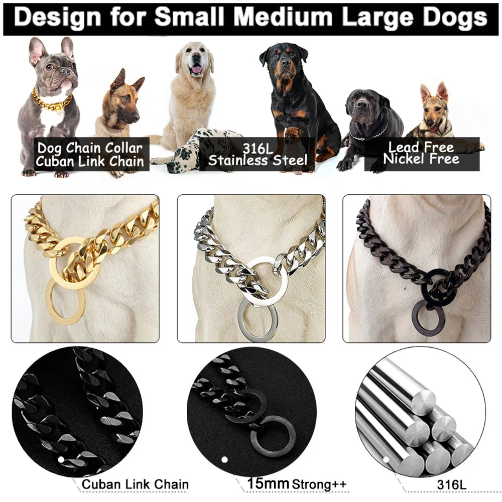 15MM Cuban Link Dog Chain Collar – Silvery/Golden Stainless Steel Training Slip Collar for Strong Dogs