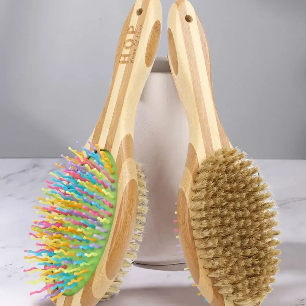 Bamboo Double-Sided Dog Brush – Pet Grooming & Massage Comb for Dogs and Cats | Eco-Friendly Soft Bristle & Pin Brush