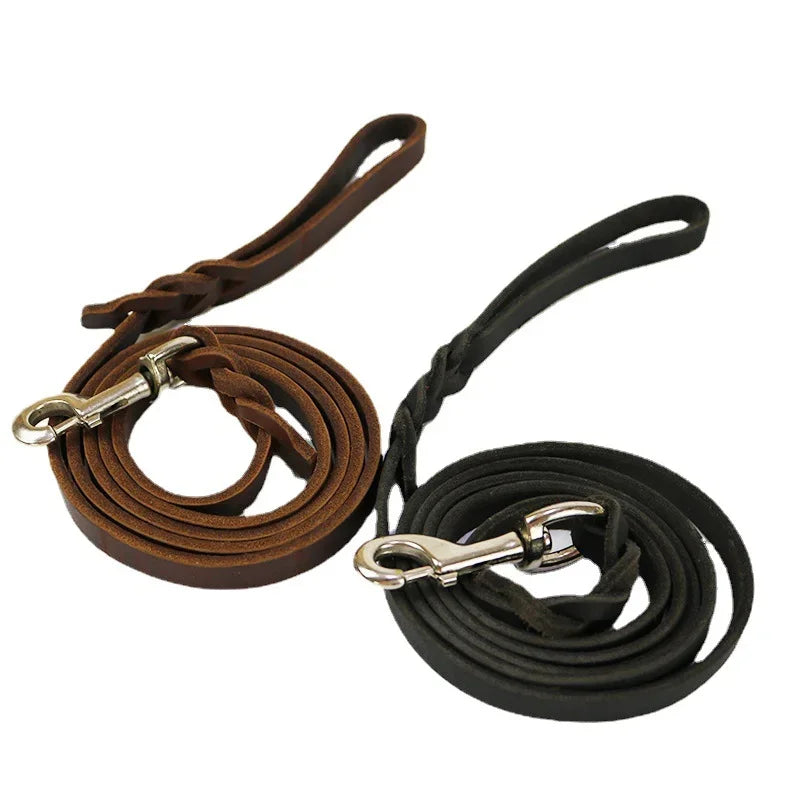 Genuine Leather Dog Leash – Braided Long Pet Walking & Training Lead for Medium & Large Dogs (Brown/Black)
