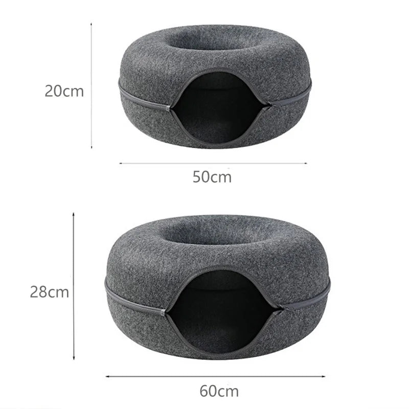 Donut Cat Bed Tunnel for 2 Cats – Interactive Felt Cat Nest & Play House with Toys