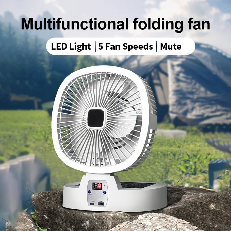 Outdoor Solar Camping Fan – 5 Speeds, LED Light, USB Rechargeable & Power Bank Function, Quiet Portable Electric Fan