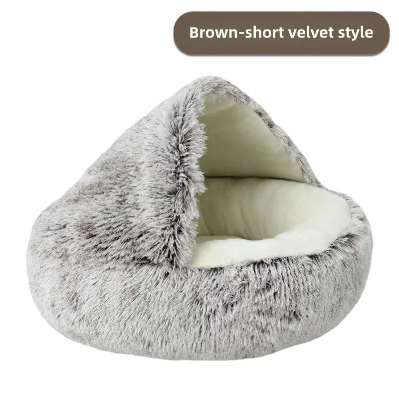 Autumn & Winter Plush Pet Bed – Semi-Enclosed Shell Cat Nest for Cozy Warmth