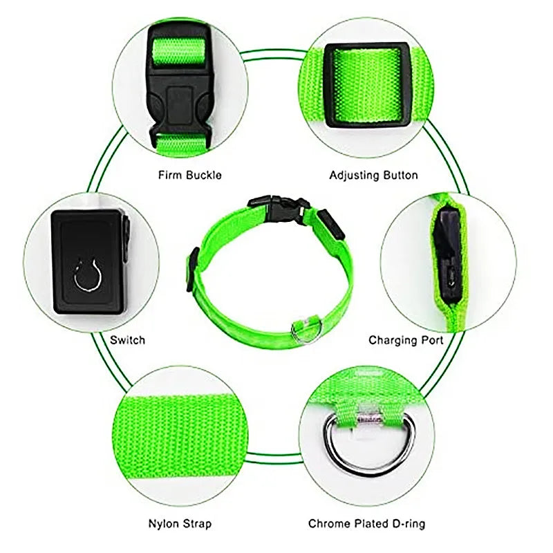 USB Rechargeable LED Glowing Pet Collar – Adjustable Night Light Safety Collar for Dogs & Cats