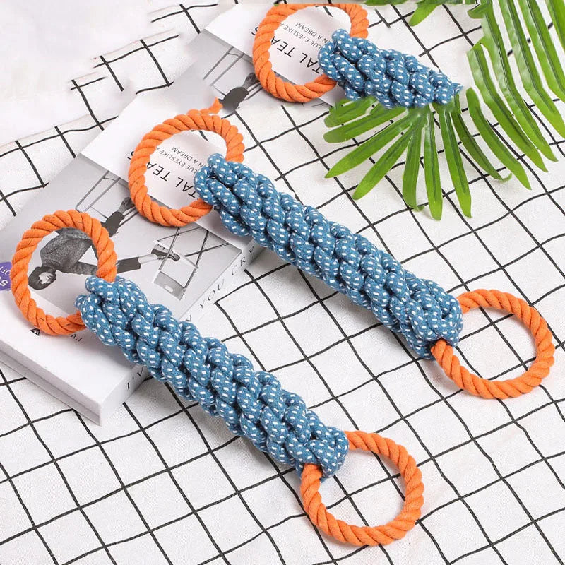 Double-Ring Chewable Cotton Knot Dog Toy – Durable Braided Rope for Teething & Dental Cleaning