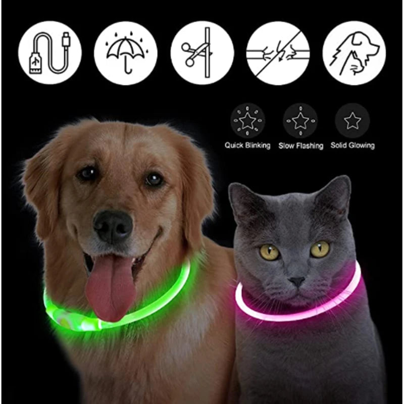 USB Rechargeable LED Glowing Pet Collar – Adjustable Night Light Safety Collar for Dogs & Cats