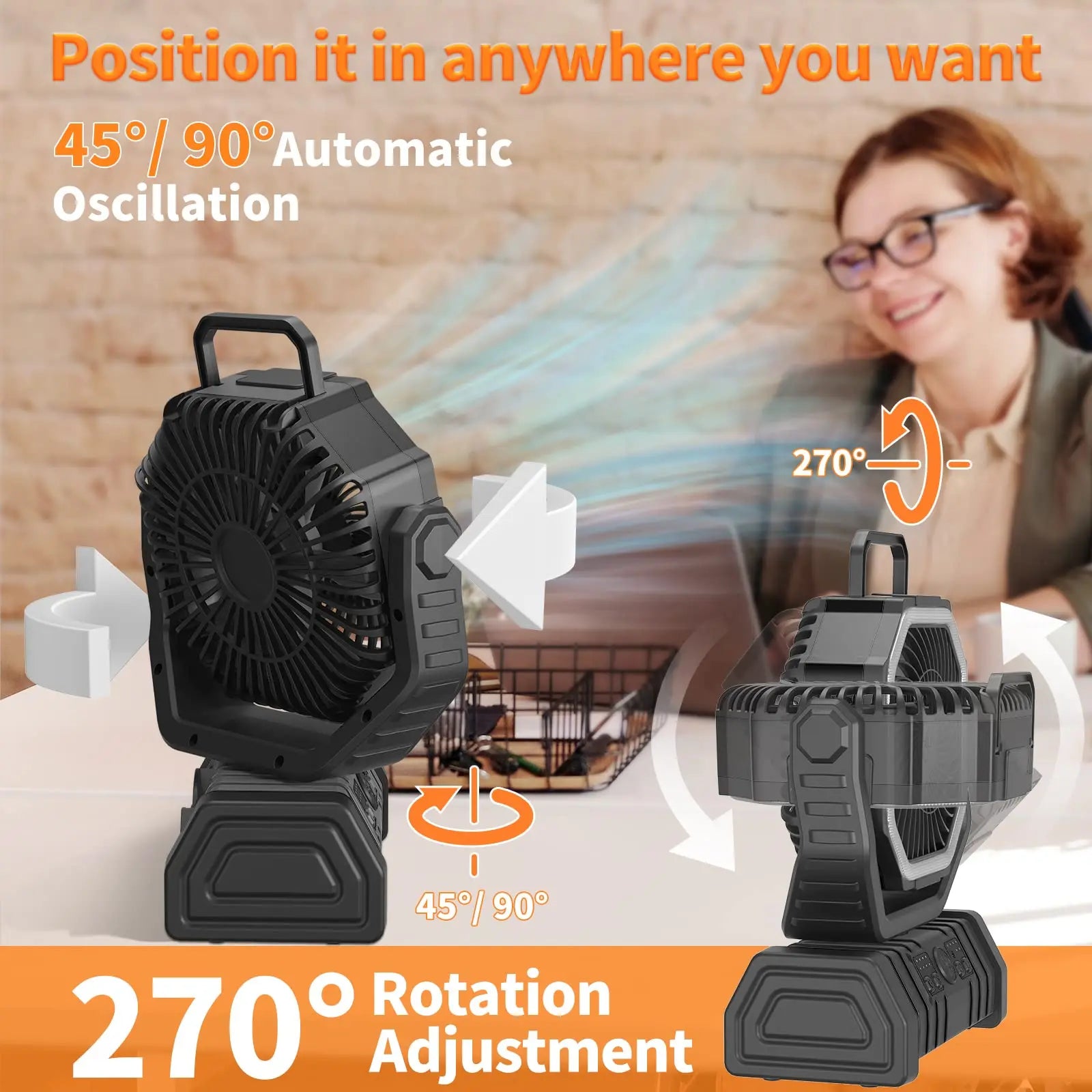 🌬️ 20000mAh / 10000mAh USB Rechargeable Camping Fan – Portable Wireless Air Circulator with Hook & 270° Head Rotation