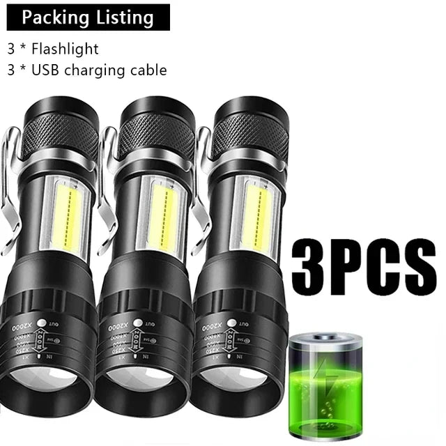 🔦 USB Rechargeable Mini Flashlight – COB+XPE Zoomable Torch with 3 Modes