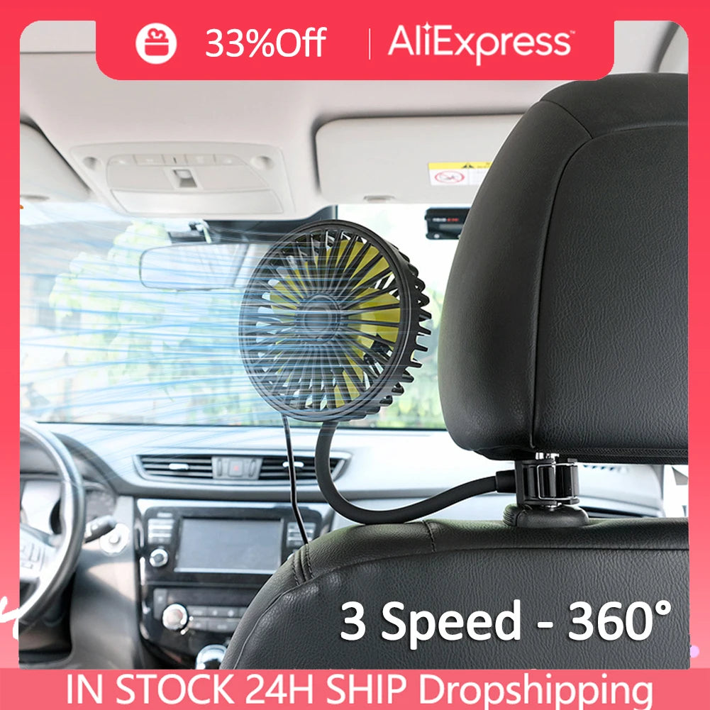 Car Air Cooling Fan – USB Powered Back Seat Fan with 3-Speed Wind Adjustment & 5 ABS Fan Blades