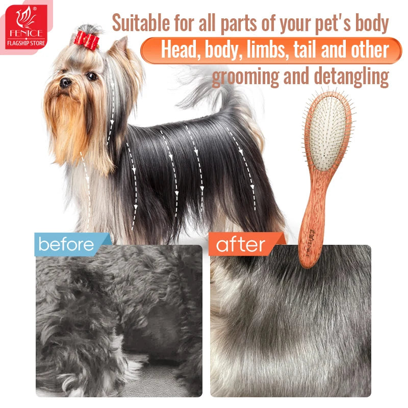 Fenice Wooden Handle Pet Comb – Professional Dog & Cat Grooming Hair Remover Brush