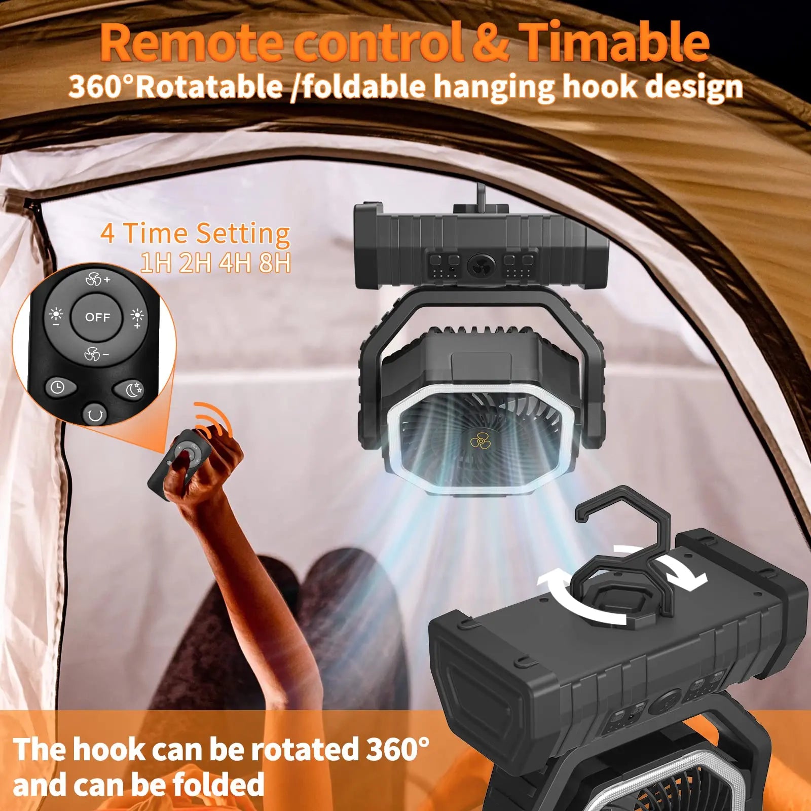 🌬️ 20000mAh / 10000mAh USB Rechargeable Camping Fan – Portable Wireless Air Circulator with Hook & 270° Head Rotation