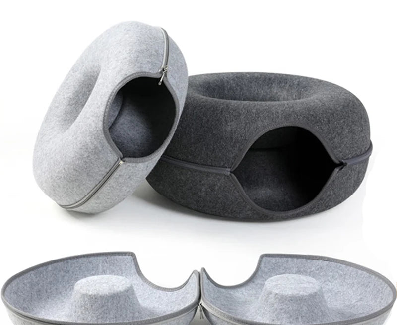Donut Cat Bed Tunnel for 2 Cats – Interactive Felt Cat Nest & Play House with Toys