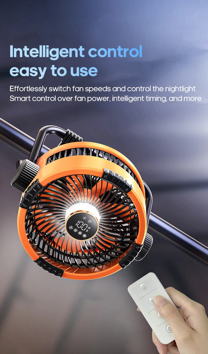 6-in-1 Outdoor Camping Fan – 20000mAh Rechargeable Ceiling & Desktop Fan with LED Light, Hook & Wireless Operation