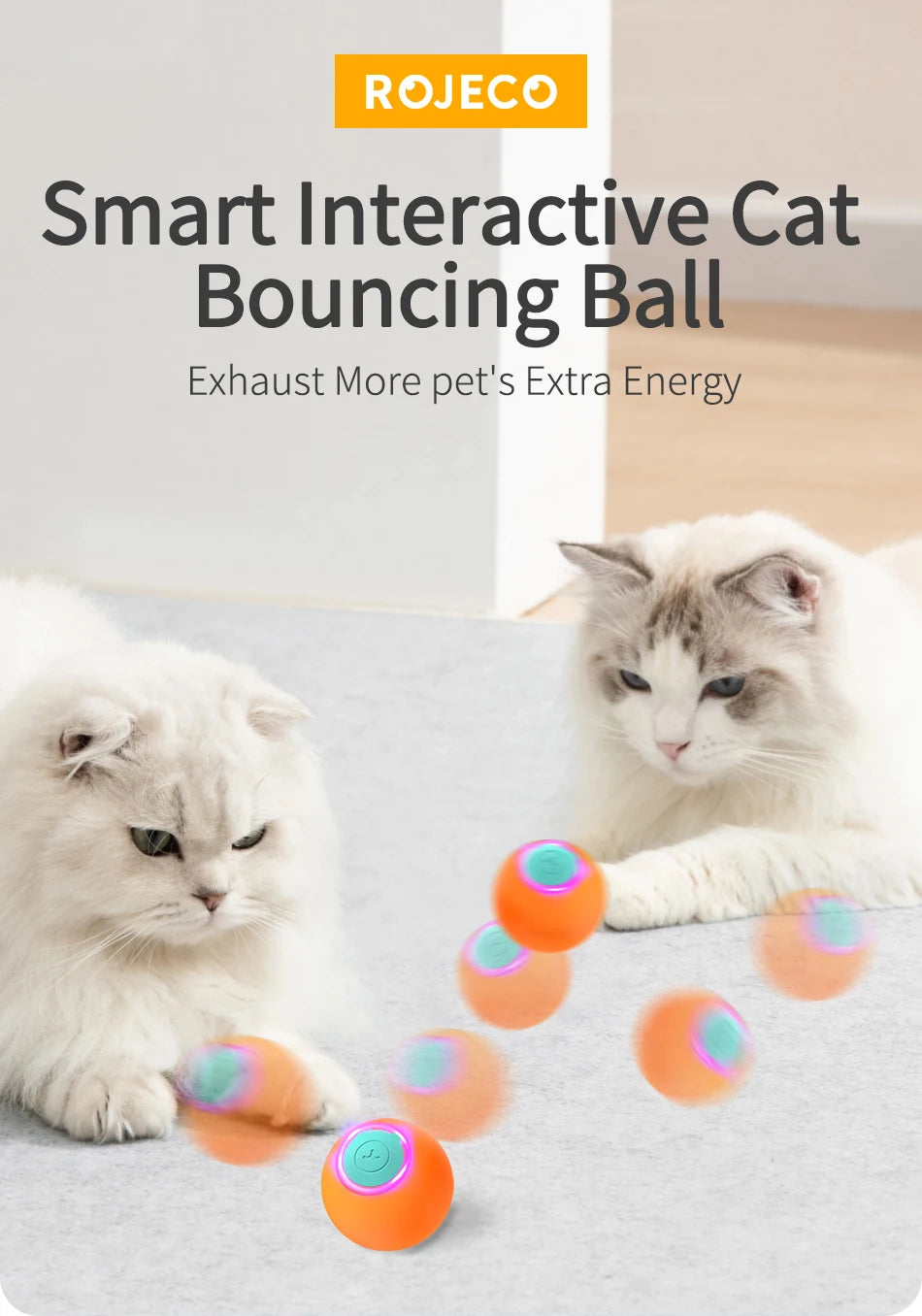 🐾 ROJECO Smart Interactive Cat Bouncing Ball – Self-Moving Electric Pet Toy for Cats & Dogs