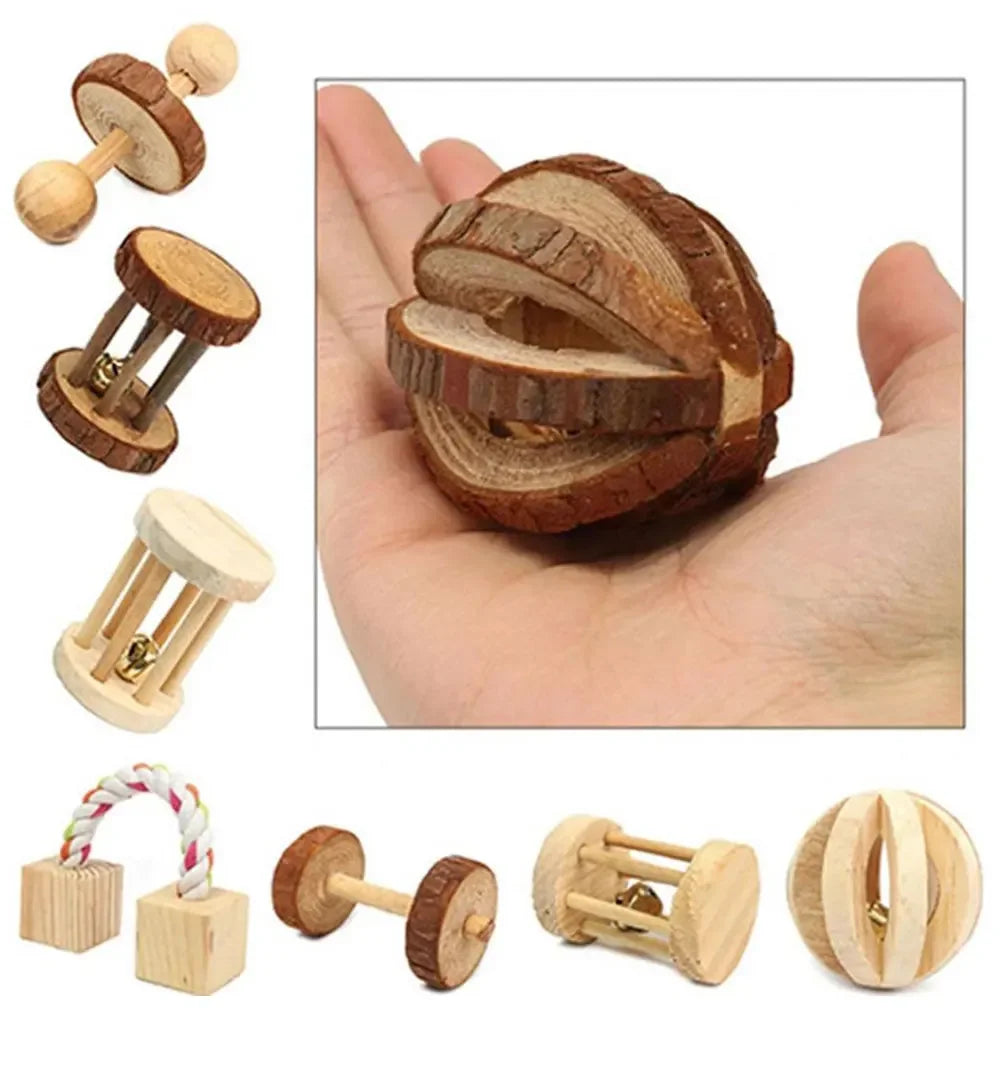 Wooden Rabbit Roller Toy – Natural Chew Dumbbell with Bell for Small Pets