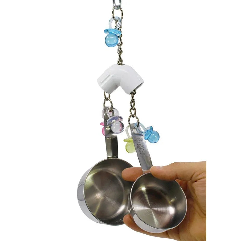 Pet Bird Parrot Toy – 4 Stainless Steel Pots with Acrylic String | Cage Chewing & Foraging Toy for Birds