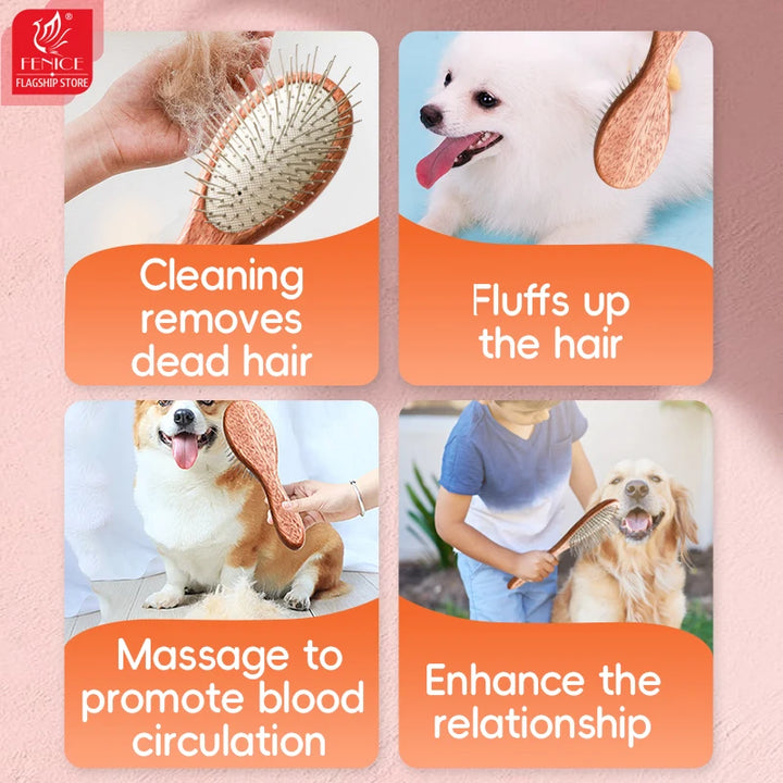 Fenice Wooden Handle Pet Comb – Professional Dog & Cat Grooming Hair Remover Brush