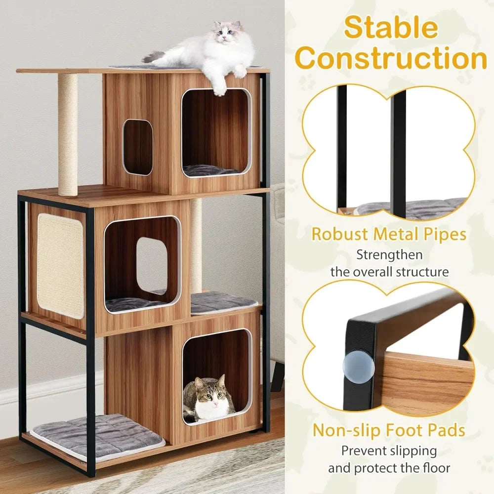 🐾 52" Wooden Cat Tree – Multi-Level Tower with Metal Frame & Sisal Scratching Posts