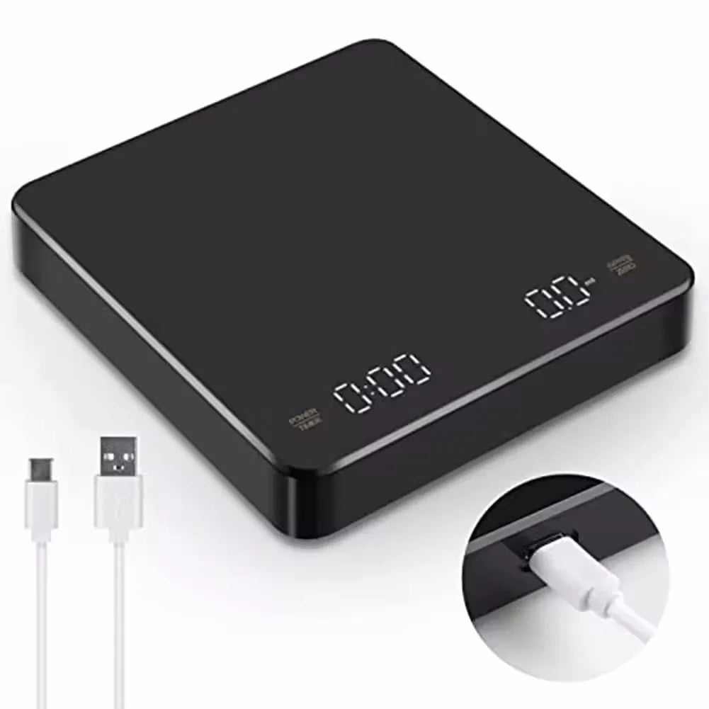 ☕ Digital Rechargeable Coffee Scale with Timer – LED Screen, USB Charging, 3kg Max, 0.1g Precision