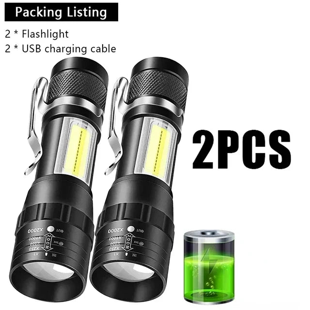 🔦 USB Rechargeable Mini Flashlight – COB+XPE Zoomable Torch with 3 Modes