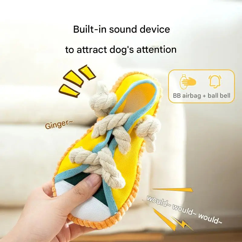 Dog Slippers Shape Squeaky Chew Toy with Cotton Rope – Bite Resistant & Teeth Grinding Pet Toy