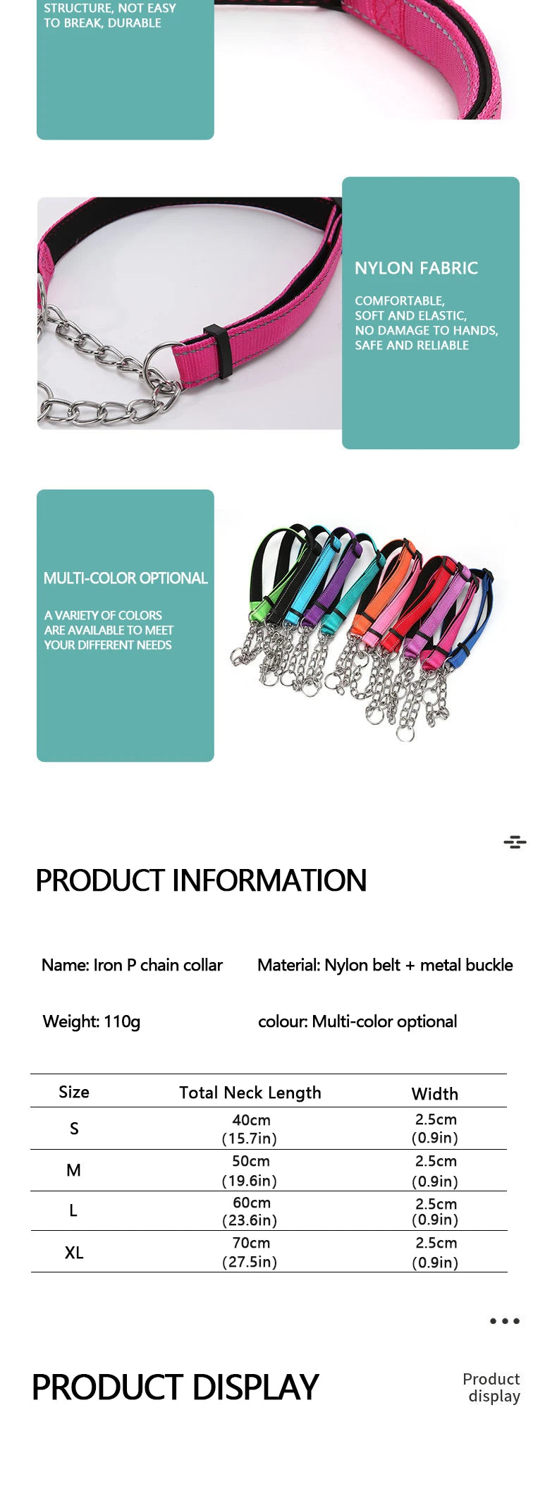 Reflective Martingale Dog Collar with Stainless Steel Chain – No Pull Training Collar for Small, Medium & Large Dogs