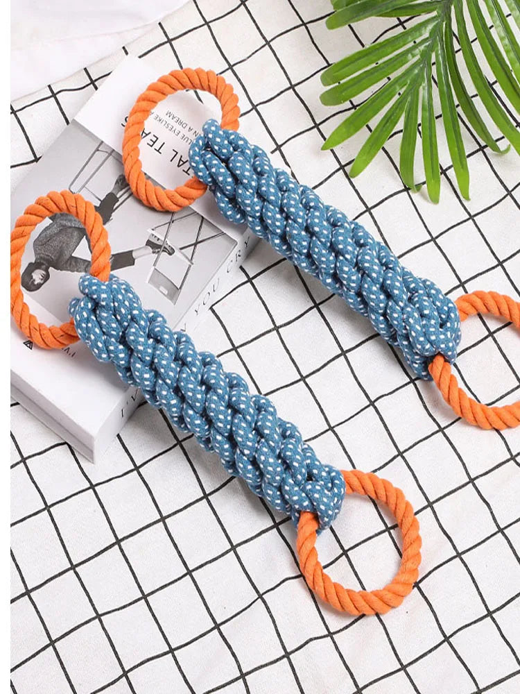 Double-Ring Chewable Cotton Knot Dog Toy – Durable Braided Rope for Teething & Dental Cleaning