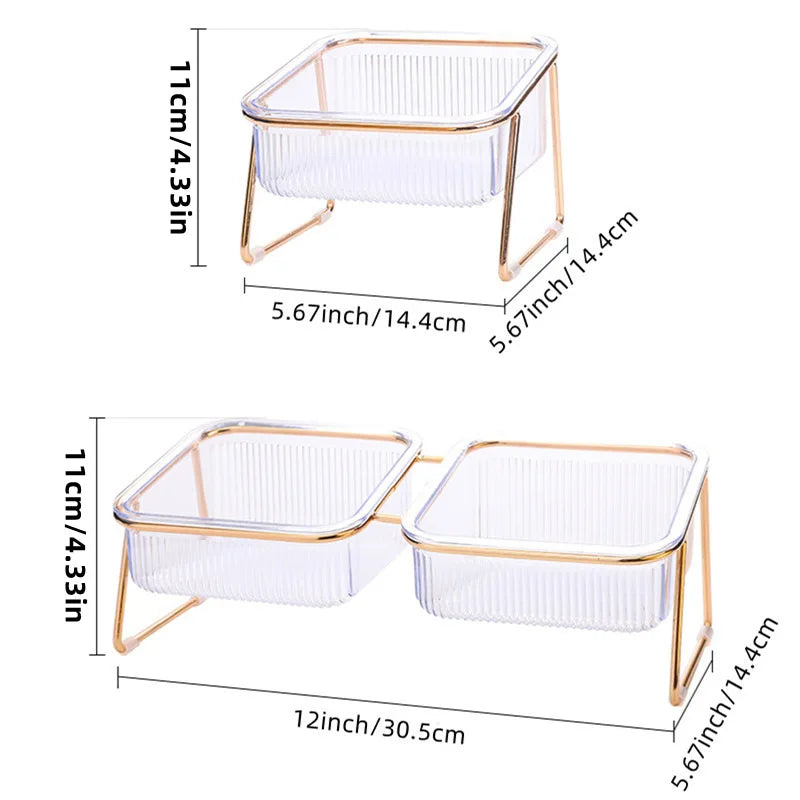 🐾 Pet Double Bowl with Raised Golden Stand – Transparent Cat & Dog Feeder