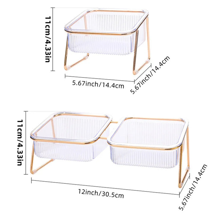🐾 Pet Double Bowl with Raised Golden Stand – Transparent Cat & Dog Feeder