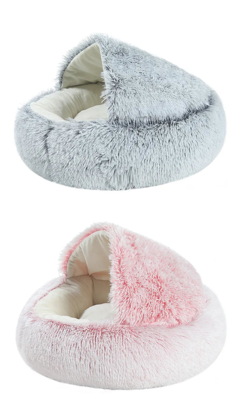 Autumn & Winter Plush Pet Bed – Semi-Enclosed Shell Cat Nest for Cozy Warmth