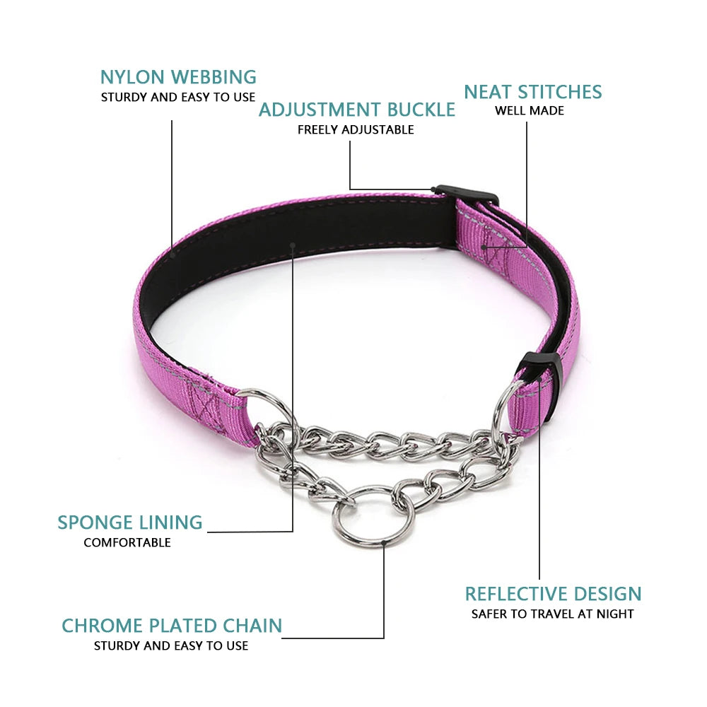 Reflective Martingale Dog Collar with Stainless Steel Chain – No Pull Training Collar for Small, Medium & Large Dogs