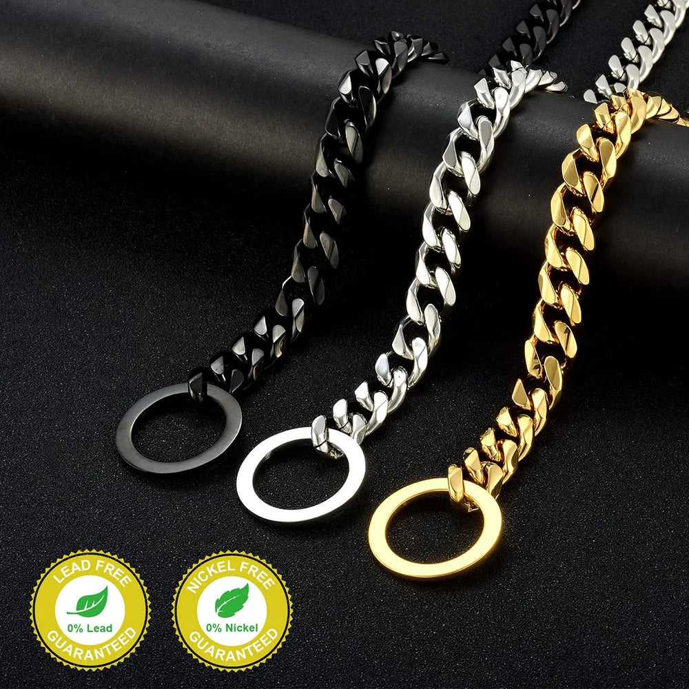15MM Cuban Link Dog Chain Collar – Silvery/Golden Stainless Steel Training Slip Collar for Strong Dogs