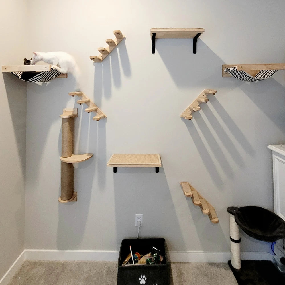 Cat Tree Wall Mounted Climbing Shelves – Wooden Hammock, Ladder & Bridge Indoor Cat Playground 🐾