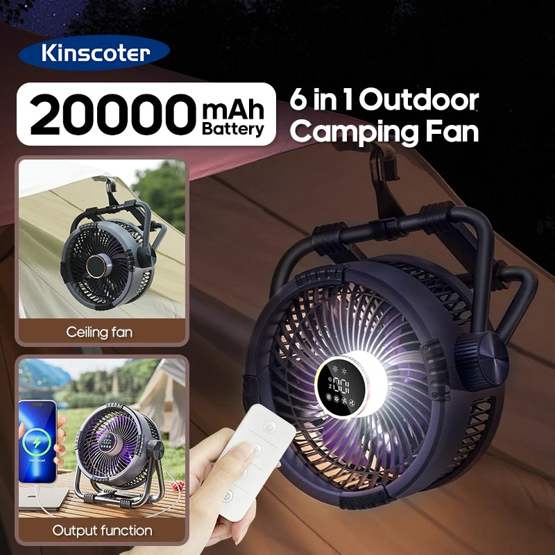 6-in-1 Outdoor Camping Fan – 20000mAh Rechargeable Ceiling & Desktop Fan with LED Light, Hook & Wireless Operation