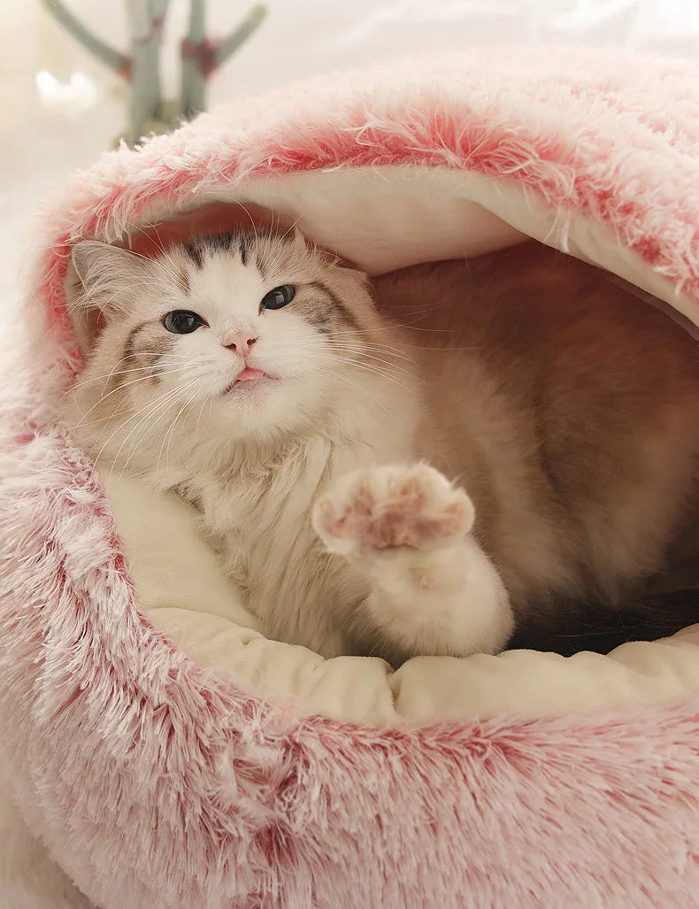 Autumn & Winter Plush Pet Bed – Semi-Enclosed Shell Cat Nest for Cozy Warmth