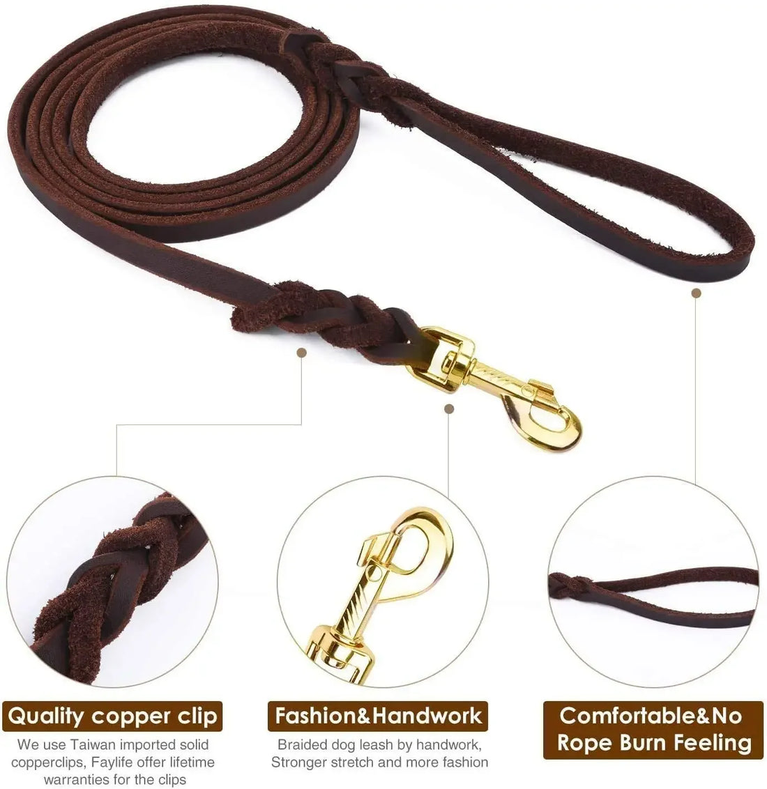 Genuine Leather Dog Leash – Braided Long Training Lead for Medium & Large Dogs