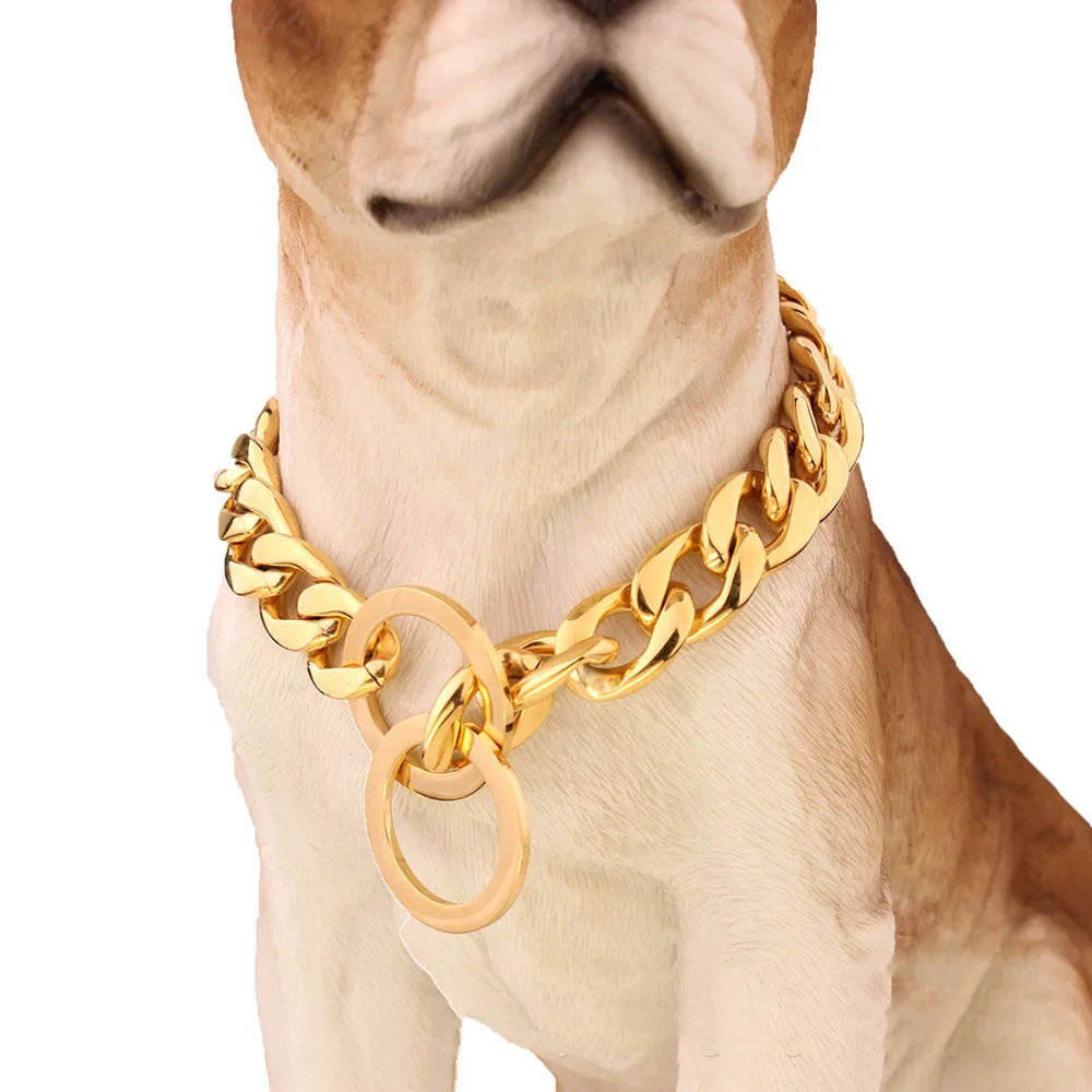 15MM Cuban Link Dog Chain Collar – Silvery/Golden Stainless Steel Training Slip Collar for Strong Dogs