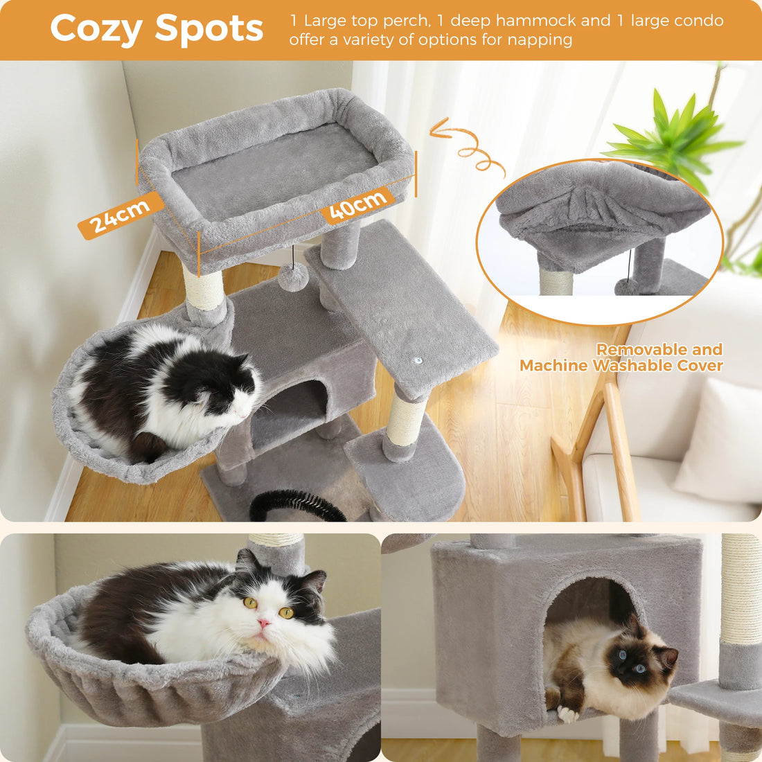 🐾 Cat Tree Tower Condo – Plush Perch, Hammock & Sisal Scratching Posts