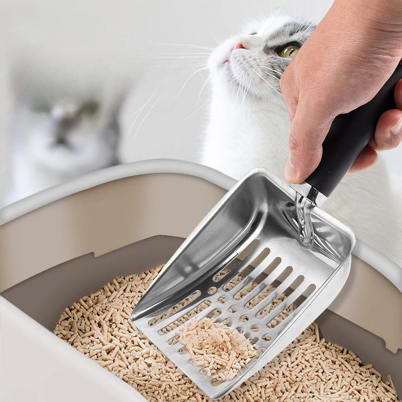 Stainless Steel Cat Litter Scoop with Rubber Handle – Durable Metal Kitty Scooper with Sturdy Mesh Filter for Easy Litter Cleaning