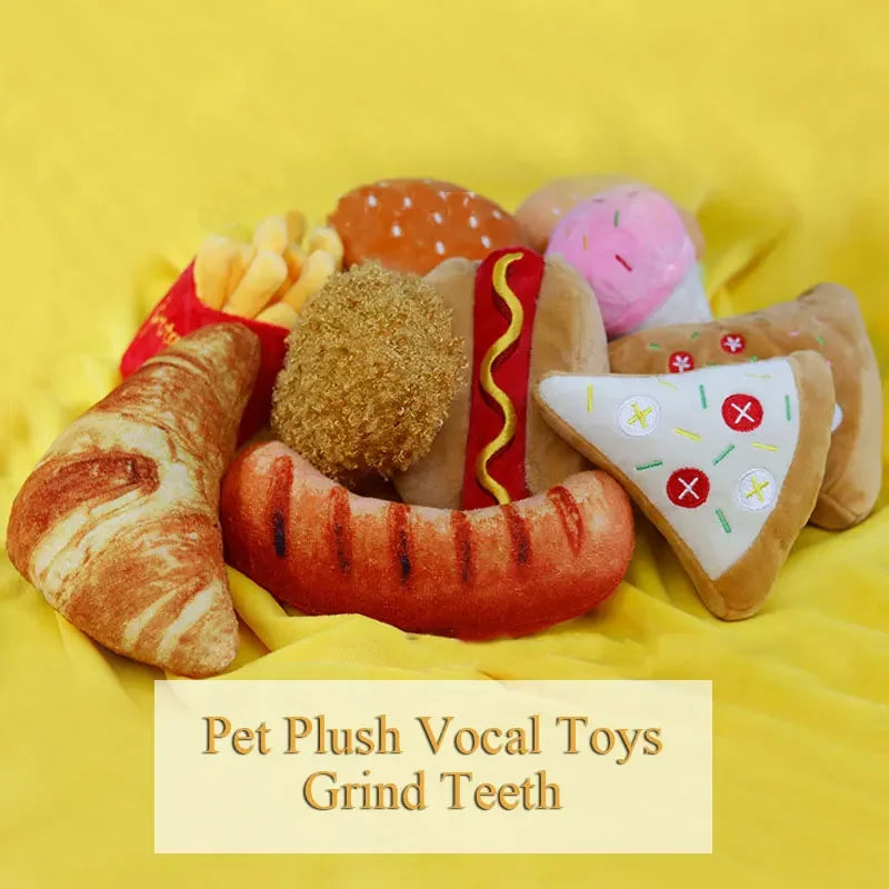 🧸 Plush Dog Toys – Squeaky Soft Pet Chew Toys (Ice Cream, Fries, Hamburger)