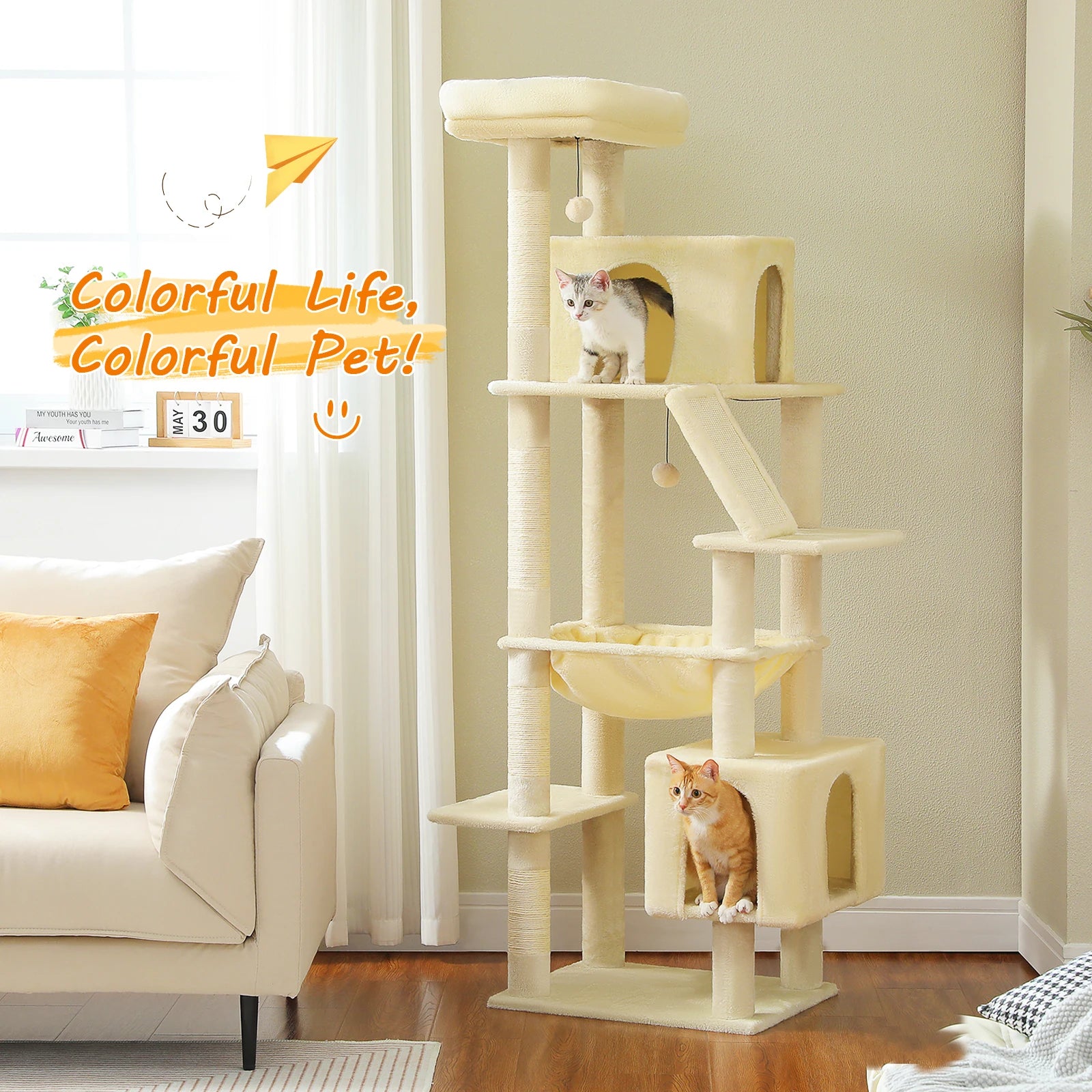 🛋️ 180cm Large Cat Tree Tower – Multi-Level Indoor Cat Furniture with Hammock, Sisal Scratching Posts & Cozy Perches